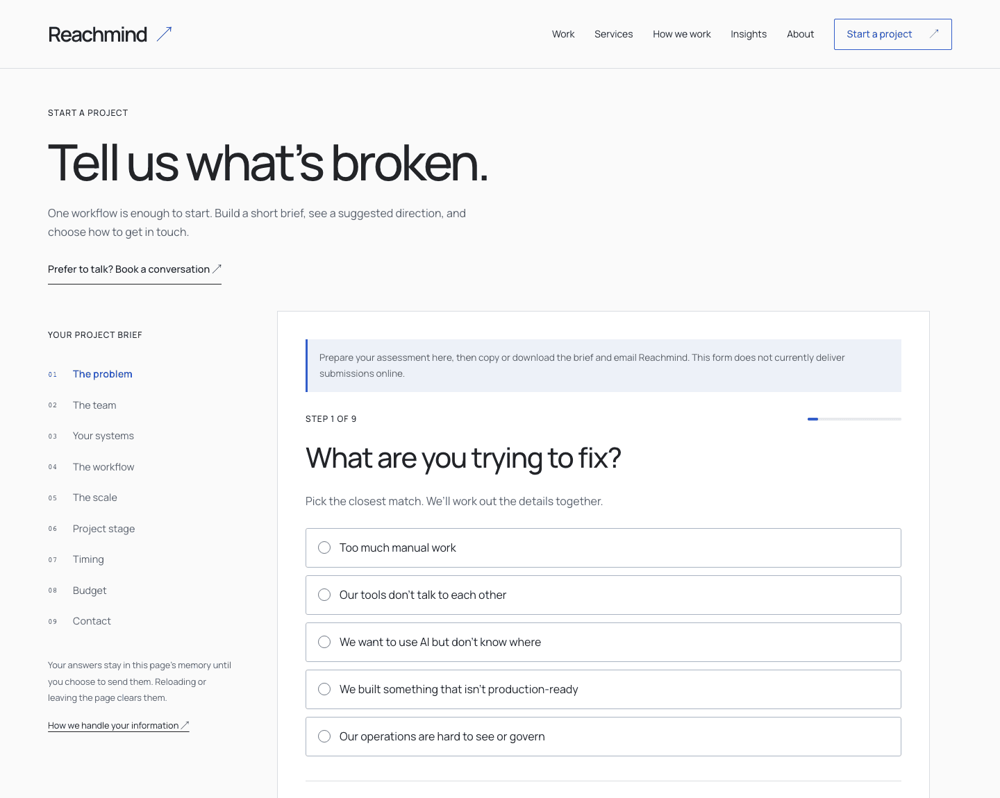 Reachmind’s project brief interface, showing the first step and nine-step overview.